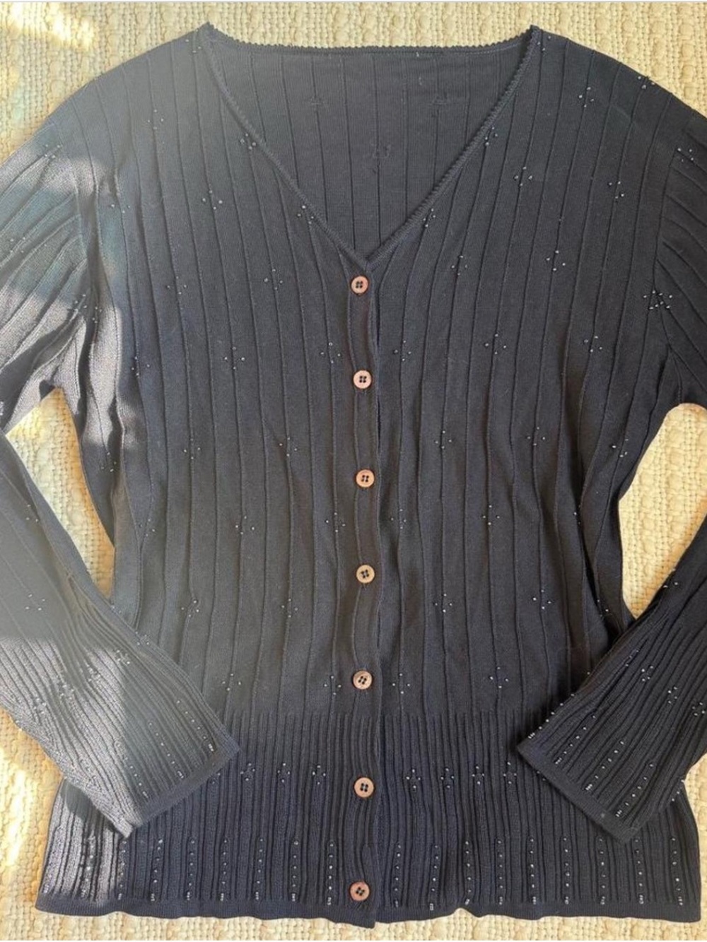 Vintage Black Ribbed V-Neck Shell Button Cardigan Sweater